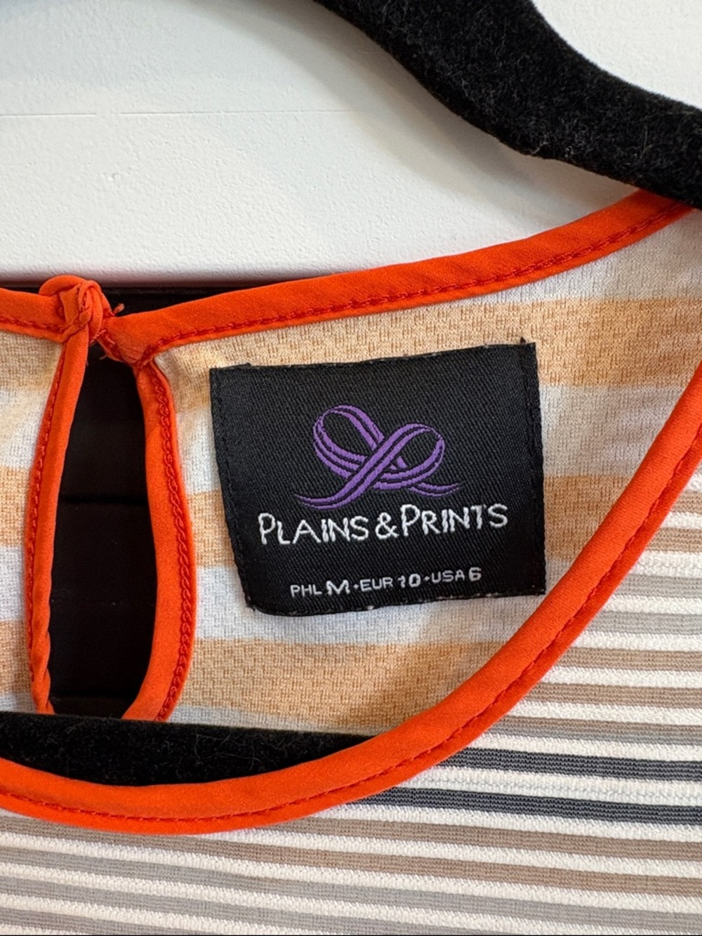 Striped Short-Sleeve Dress in Beige, Cream & Orange Trim - Picture 2 of 13